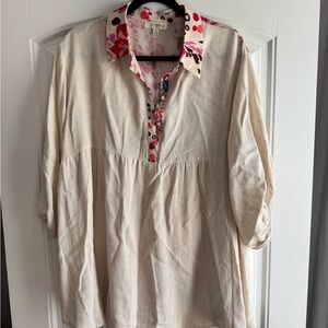 Umgee XL Boho Tunic Blouse Beige Pink Floral Long Sleeve Flowy Top